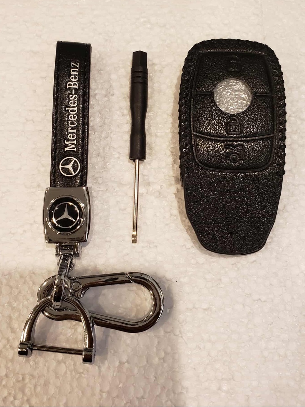 MERCEDES BENZ Black & Silver Leather Chrome Keychain & Car Key Fob Case Cover